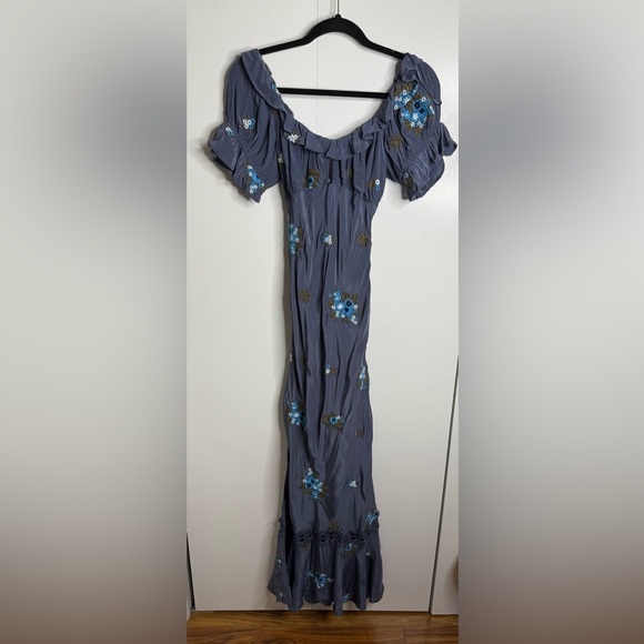 Free People Bali Santa Cruz Ruffle Floral Embroidery Blue Maxi Dress Medium NWT - Picture 3 of 9